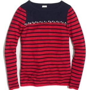 J.Crew Red Breton-Striped Sweater with Gems